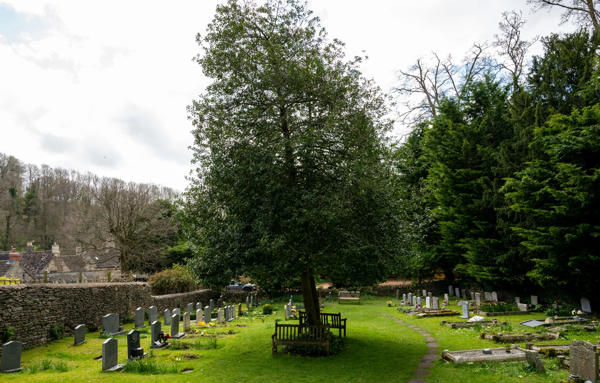 a cemetery with many graves lined up around the perimeter