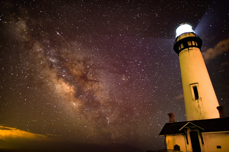 a small white lighthouse against a background of stars and the milky