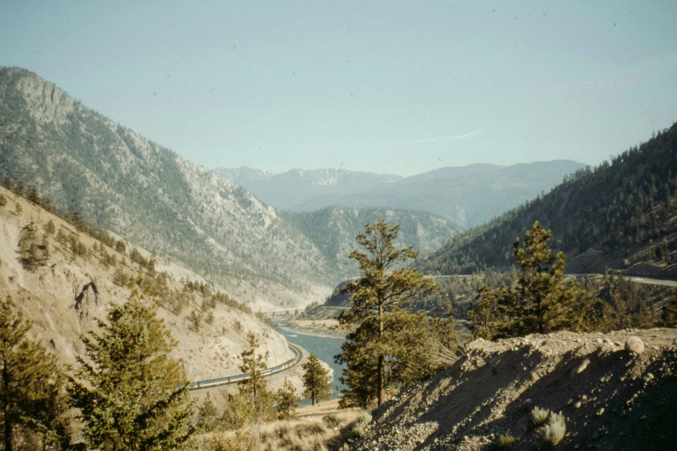 mountains, water and trees with water running in them