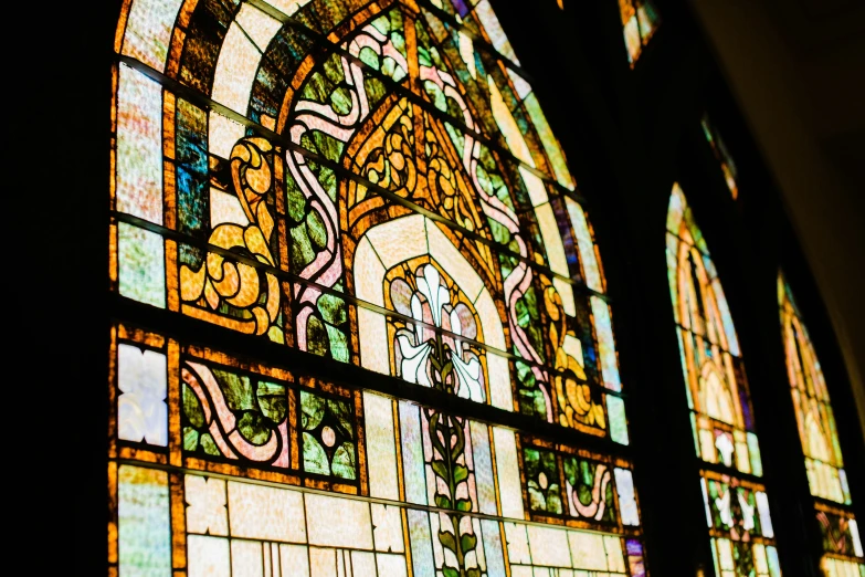 closeup of a stained glass window showing the design