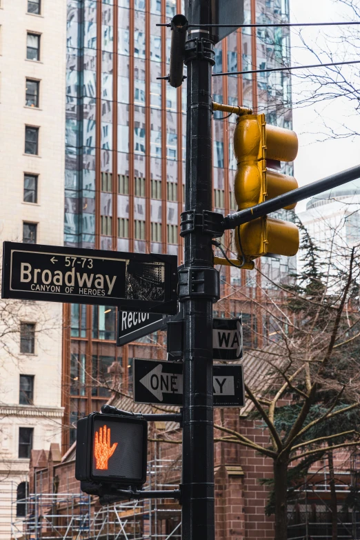 street signs at a city intersection in front of the tall building