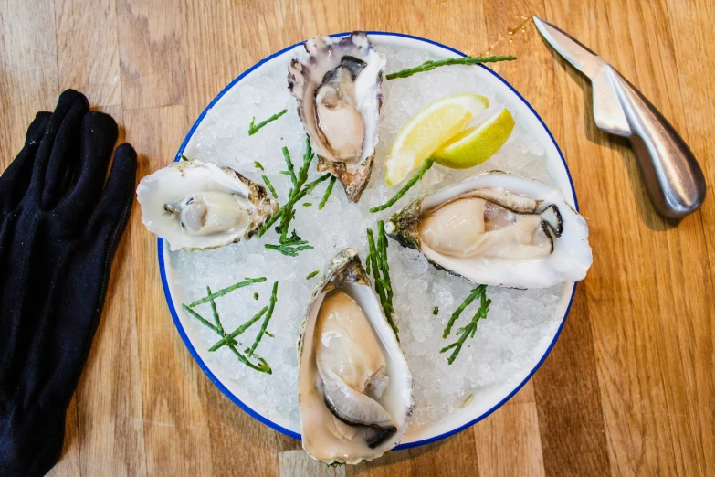 a plate of oysters with lemon and herbs