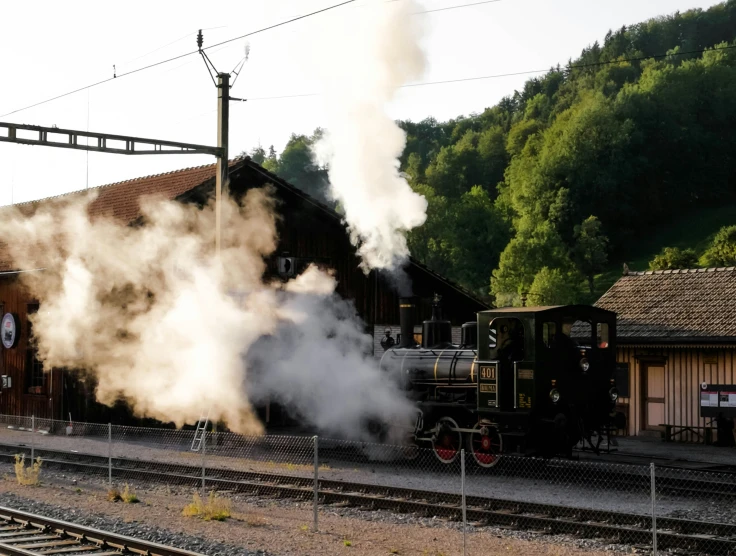 a steam train leaves the station with lots of smoke