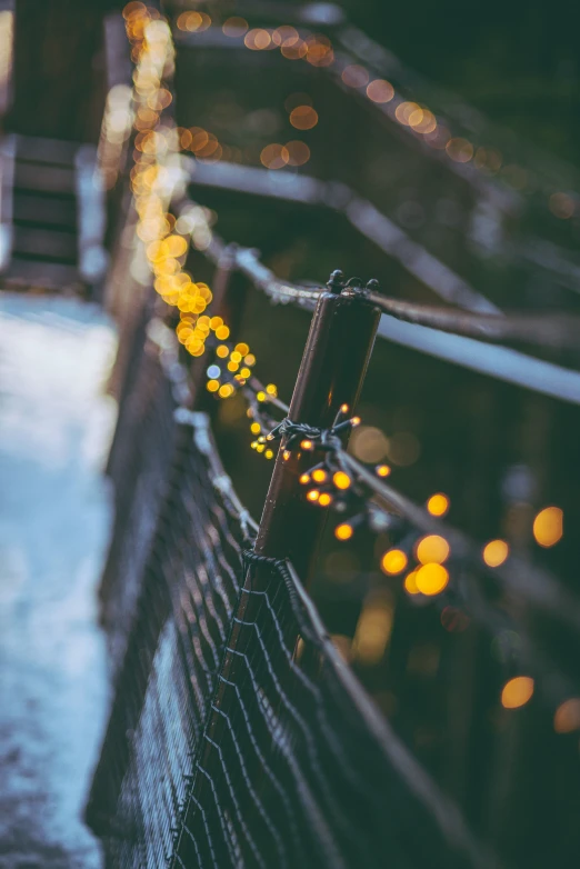 string lights are hung over a fence in the winter