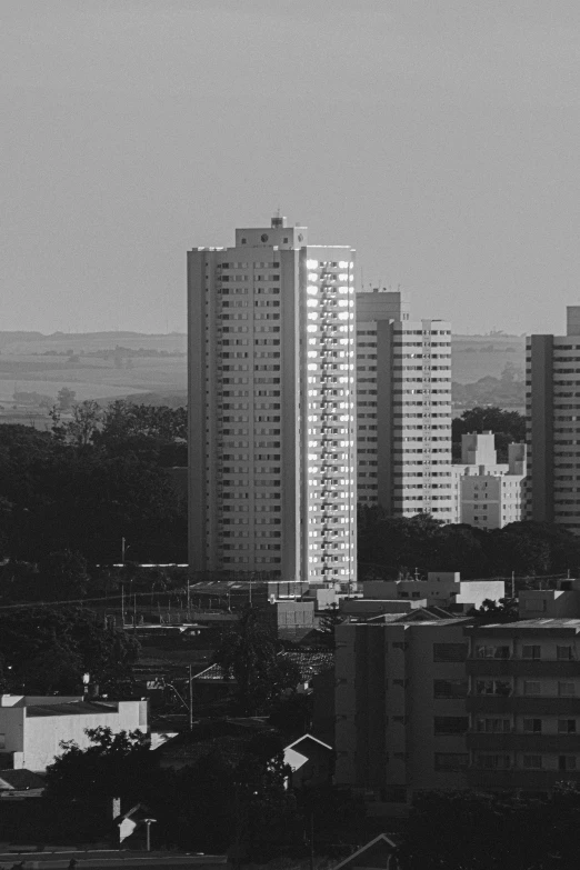 black and white image of a city skyline with buildings