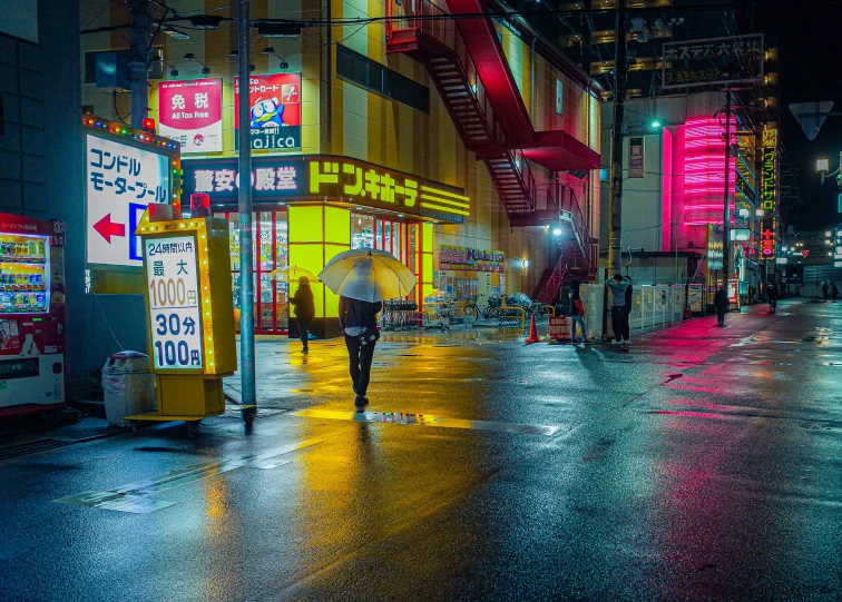 a person walking down a city street with an umbrella