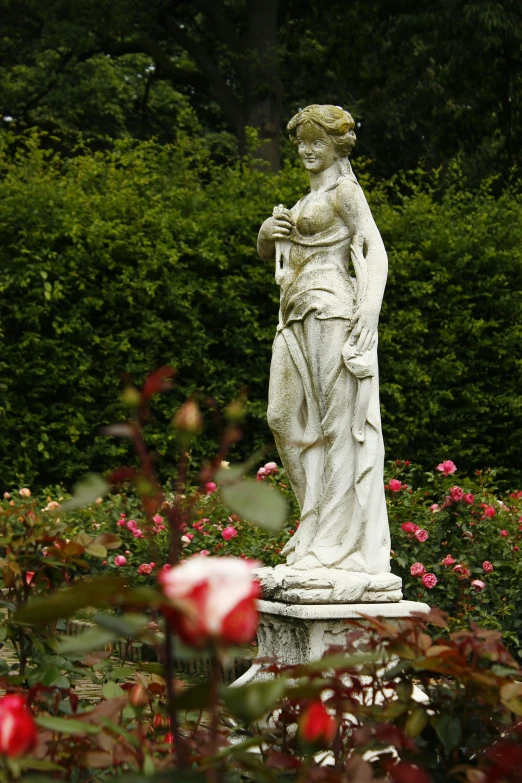 a statue sitting in the middle of a garden