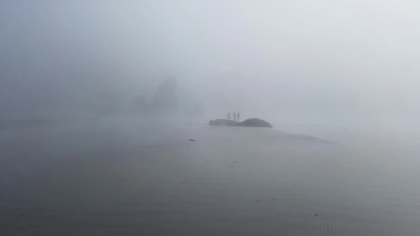 foggy day with rocks and sand on the shore