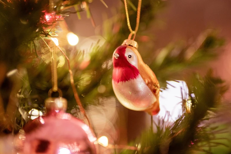 a red and white ornament hanging from a christmas tree