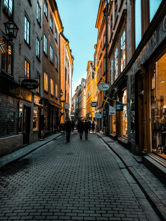 the street is lined with shops and some buildings