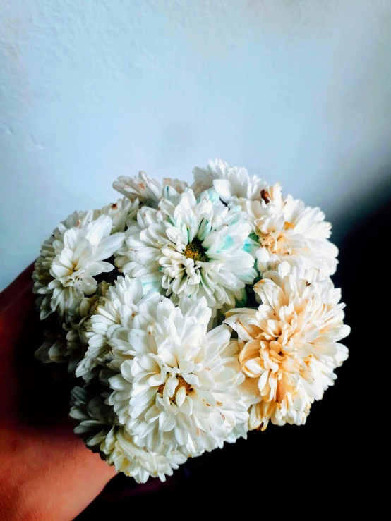 a bunch of white flowers in someones hand