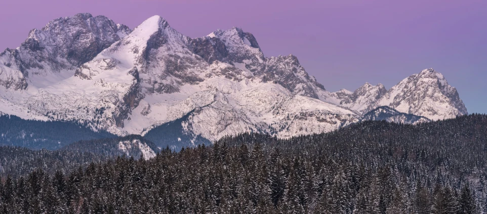 a snowy mountains range near evergreen trees in the foreground and a distant cloud