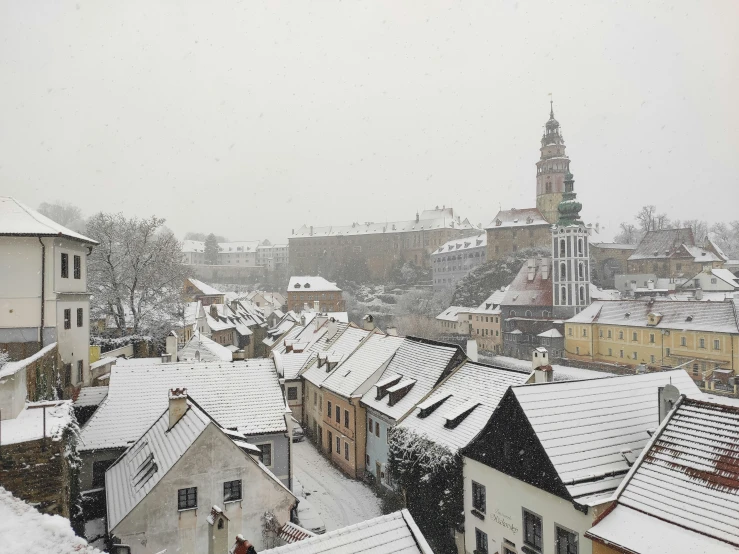 a snowy day shows a view of buildings and steeples