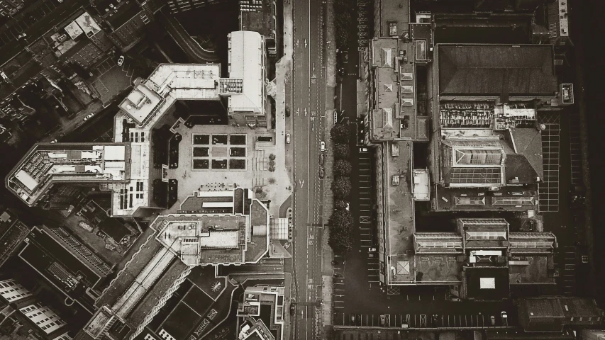 an aerial view of some buildings and roads