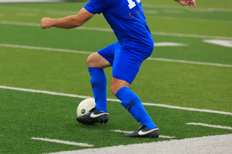 a soccer player prepares to kick a ball