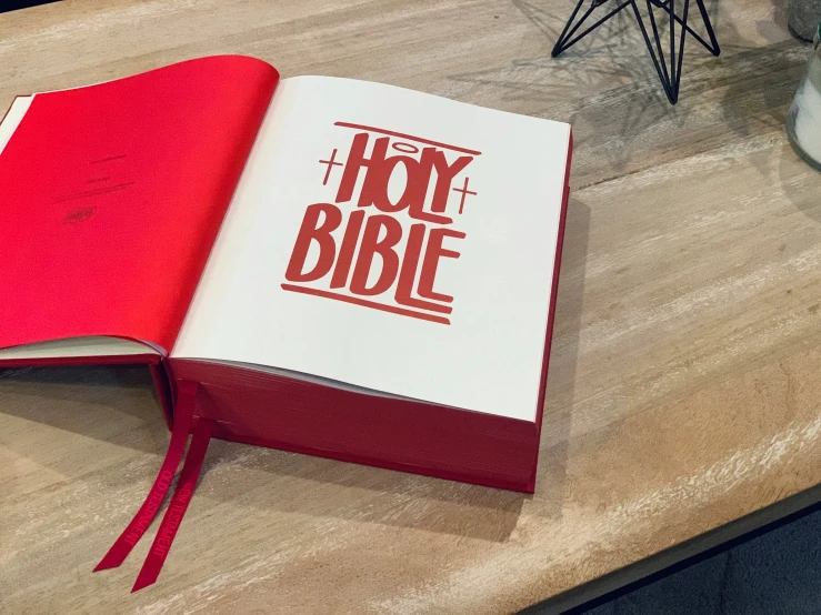 an open bible, on a table with a plant