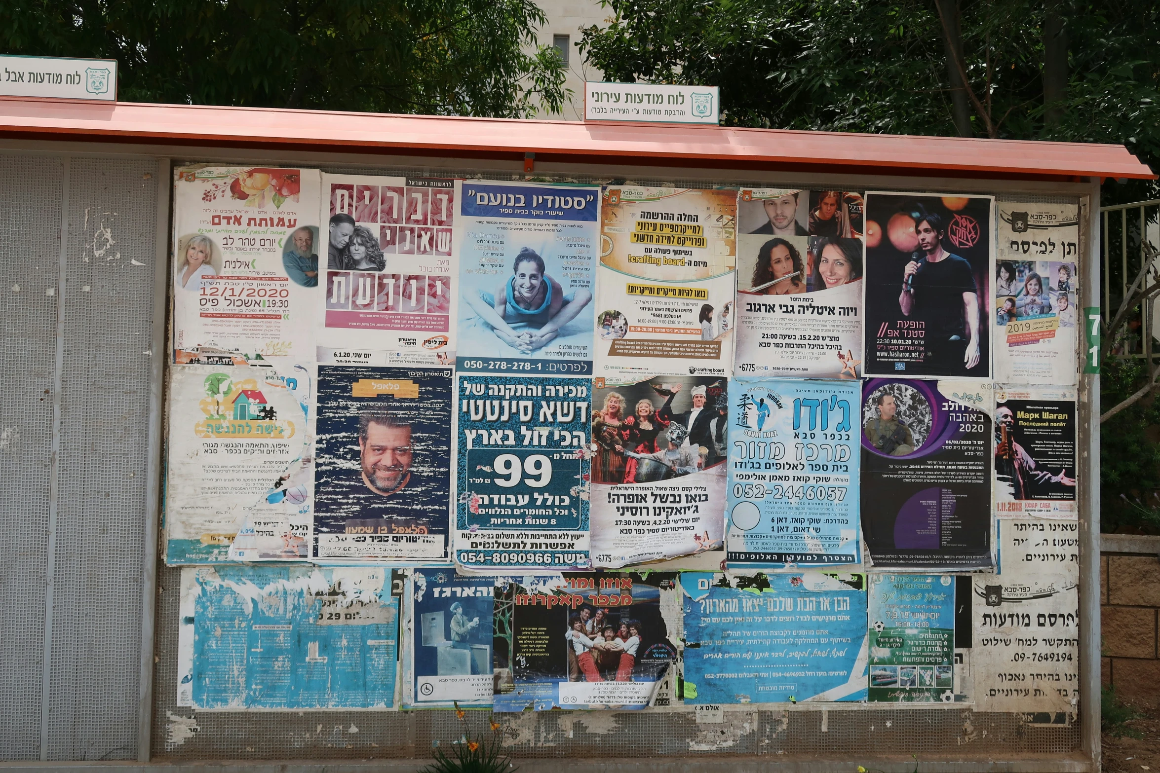 several newspapers are on the wall with trees in the background