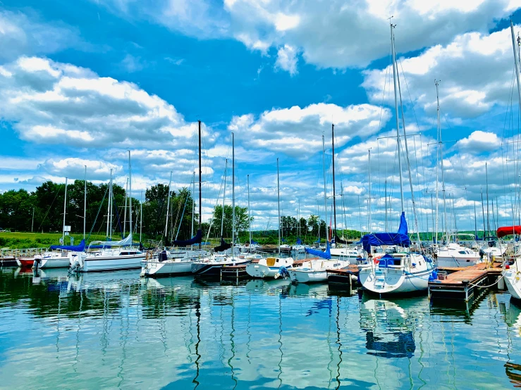 many sail boats docked at a marina under a blue cloudy sky