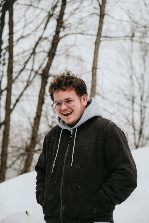 a man stands on a snow covered hill