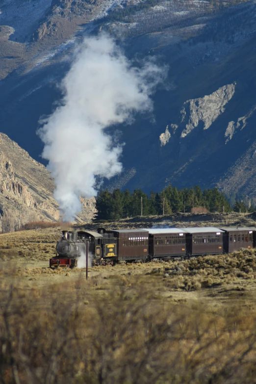 steam engine blowing out on a mountain landscape