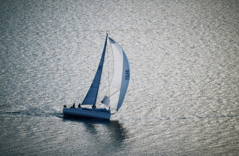 a lone white sail boat on the water