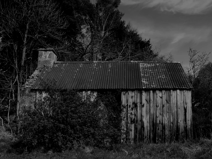 an old, run down cabin sitting in a forest