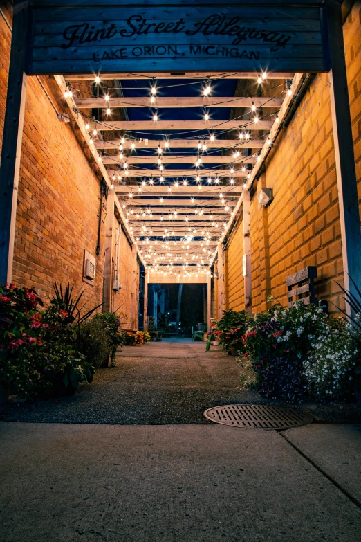 an empty street with a lit up building