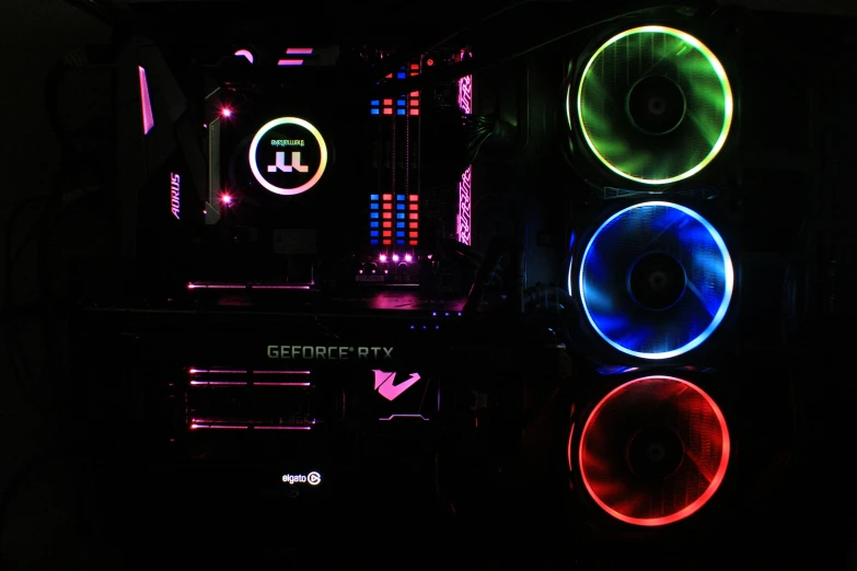 a computer tower with many colorful lights