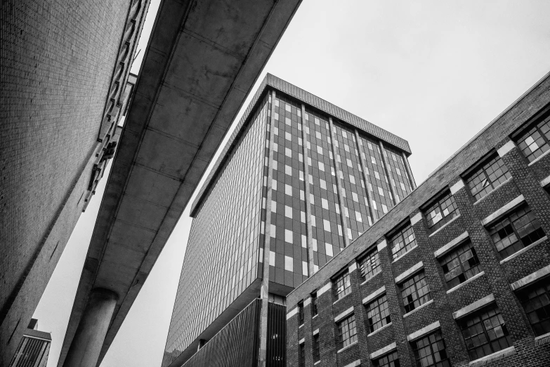 black and white po of two tall buildings