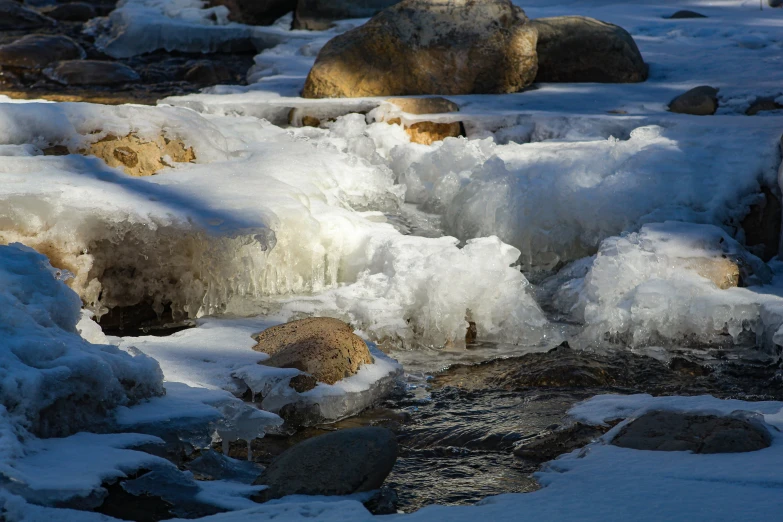 ice covered rocks, water and rocks near a creek