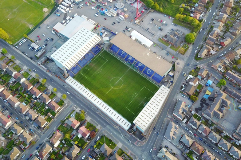 an overhead view of a soccer field in a city