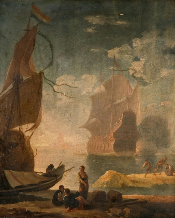 painting depicting boats and people in a water way