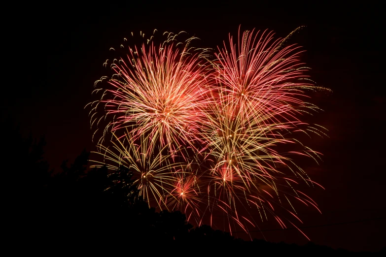 some fireworks in the dark sky with trees in the background