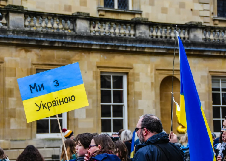 a person holding up blue and yellow flags and signs