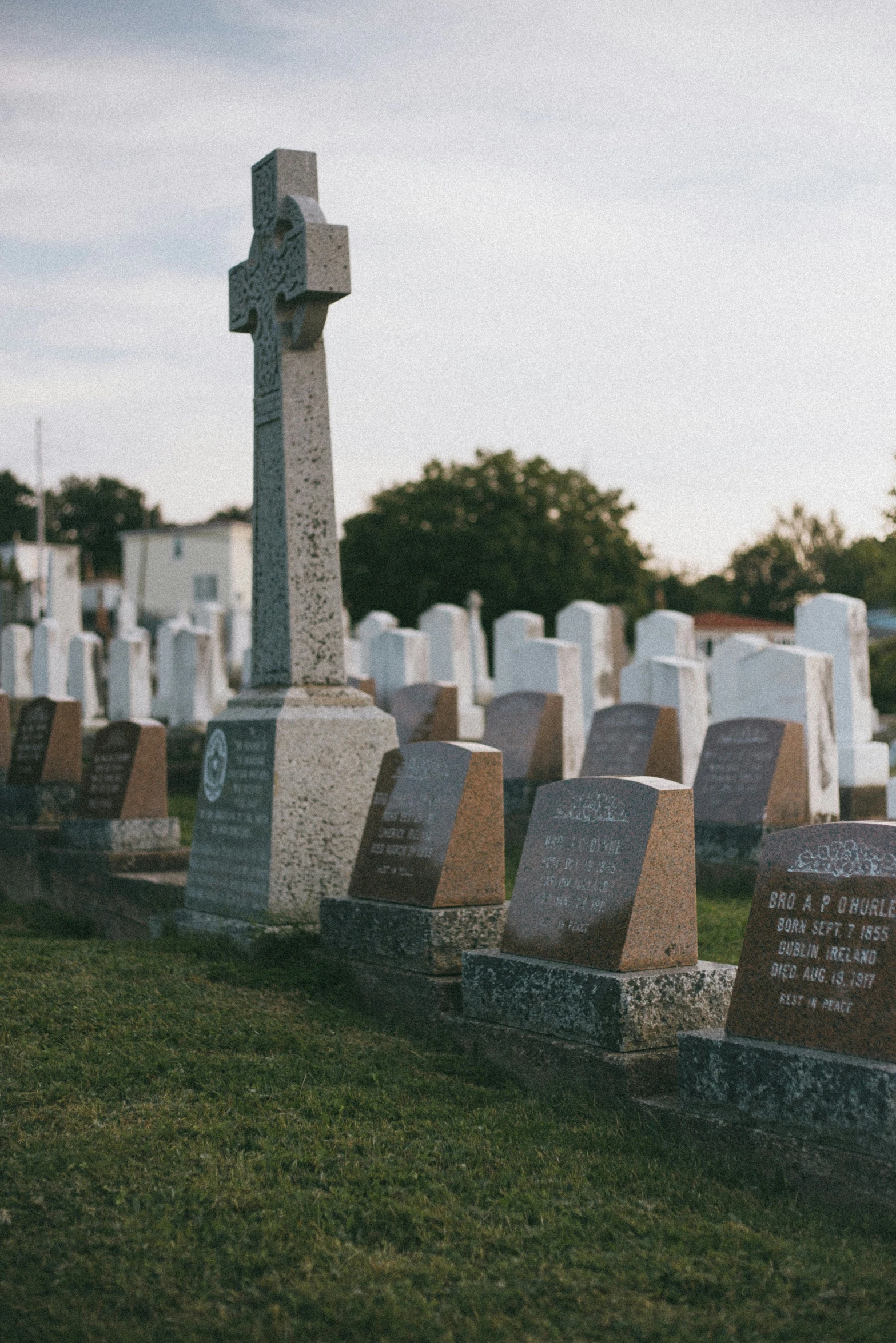 many headstones are in the grass and one is standing