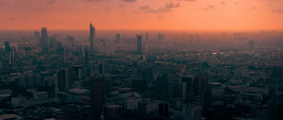 the city skyline is dark and pink from a very high vantage