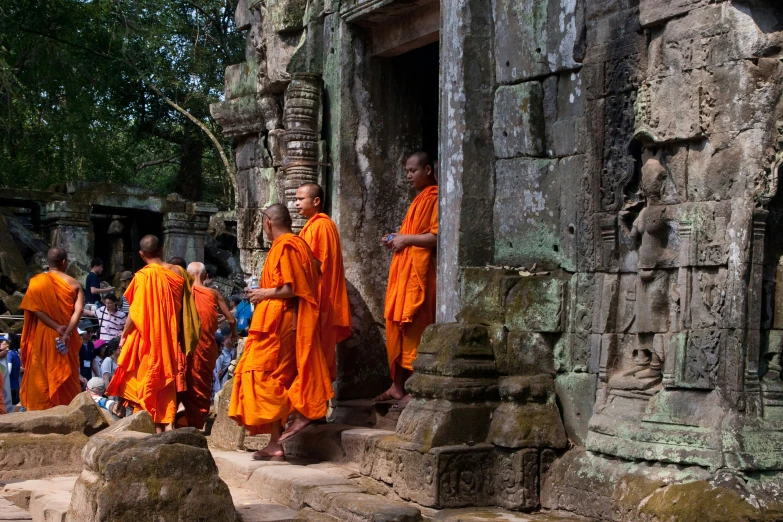 young buddhist monks are walking around in their orange robes