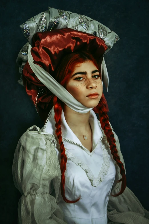 the red - haired woman is dressed in white and wears a hat with an attached red ribbon