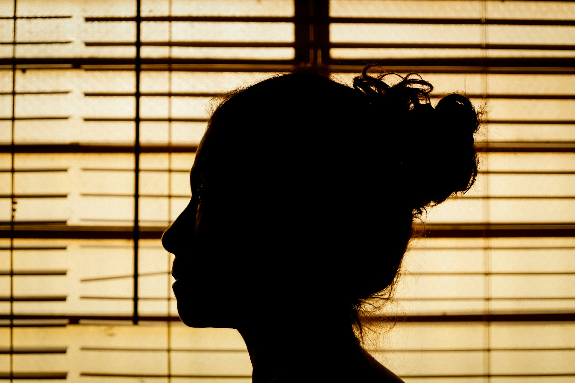 a shadow of a woman with her hair in a bun with an eyeglasses