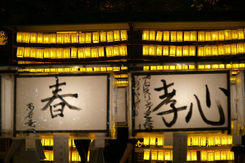 japanese scroll calligraphy displayed on lighted panels