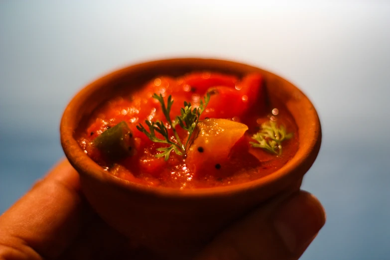 a small bowl of food that has tomatoes, peppers and herbs in it