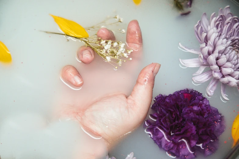 a person's hand holding some flower stems on a bath of water