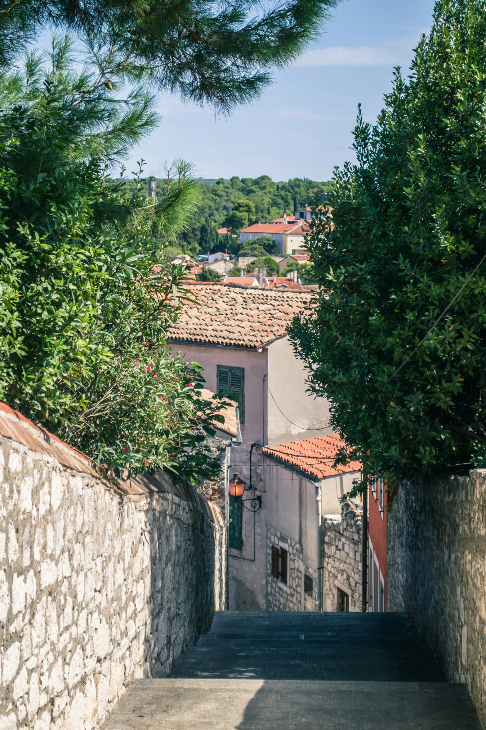 the street with a narrow road winds through the village