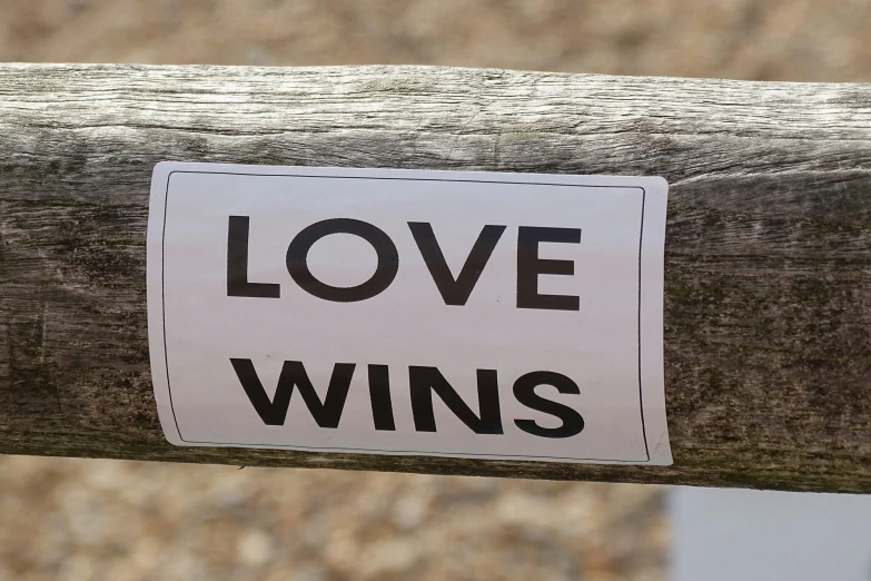 a white sticker that reads love wins is on a wooden post