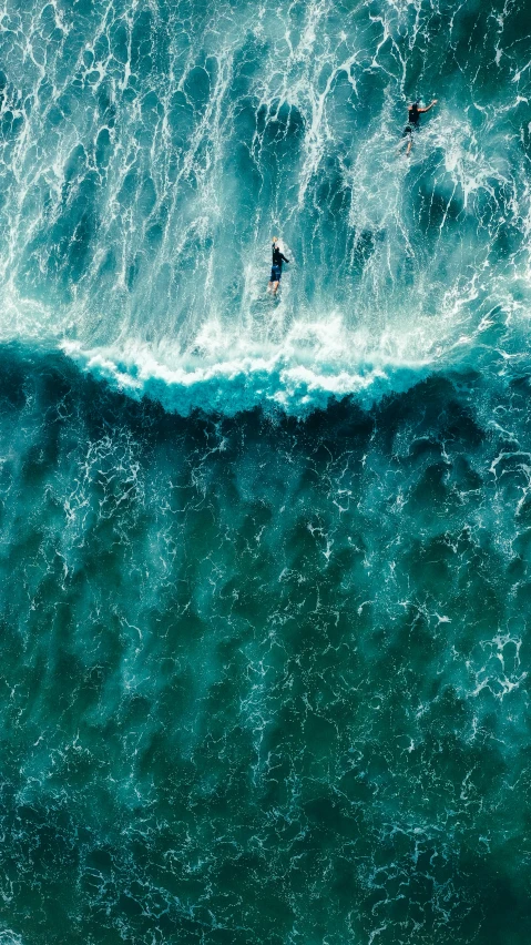 several surfers riding the back of blue waves