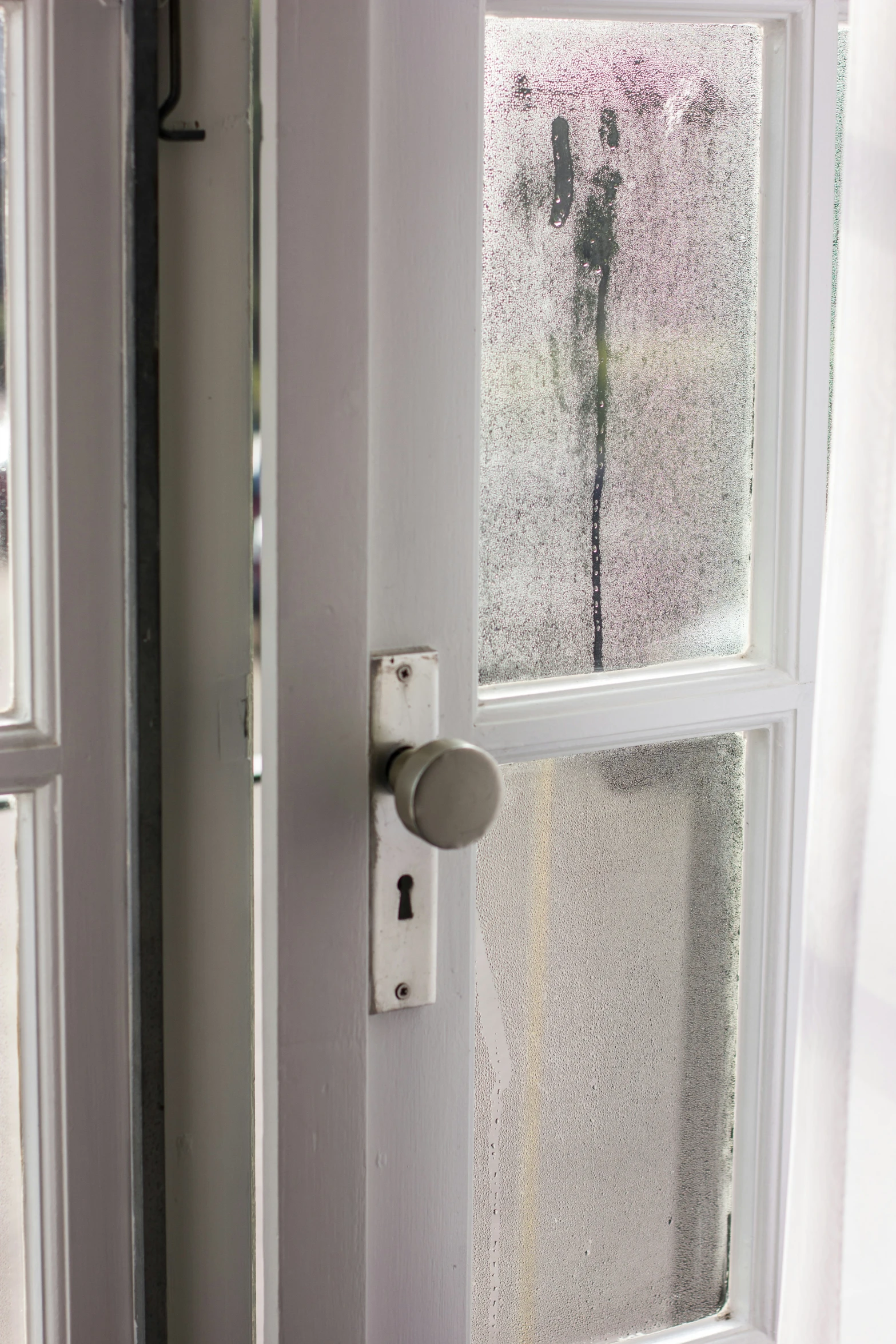 a window with flowers drawn on it next to a white door