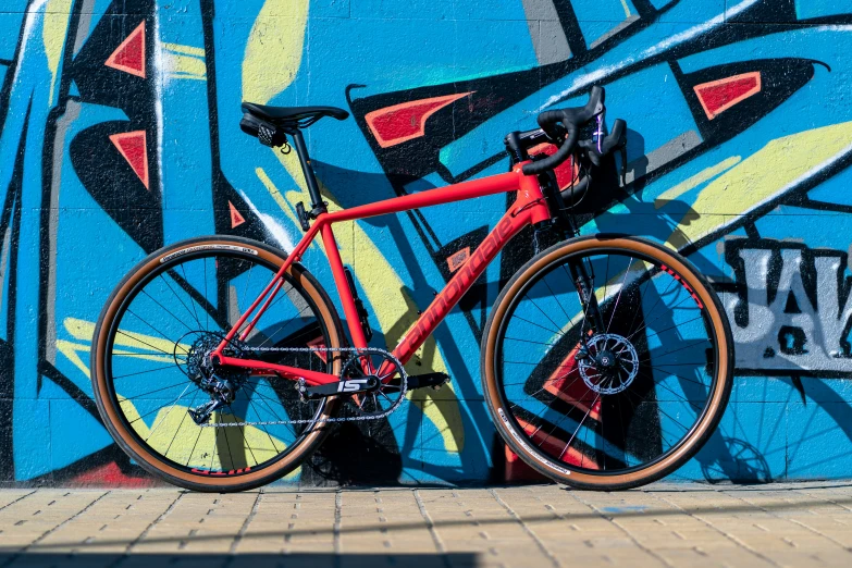 the bicycle is red and it has many colors