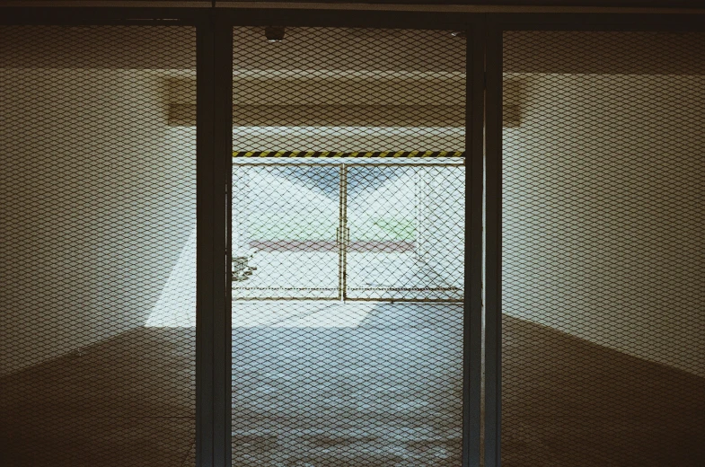 a door with a screen in it and someone standing inside