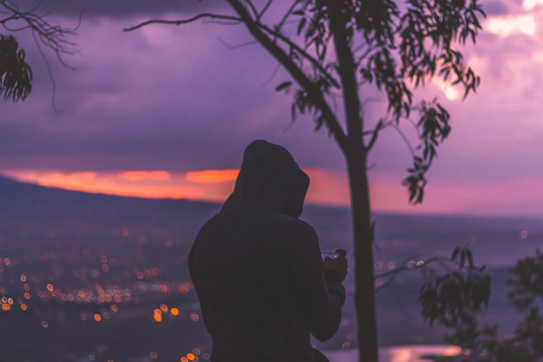 person with a cell phone overlooking a city