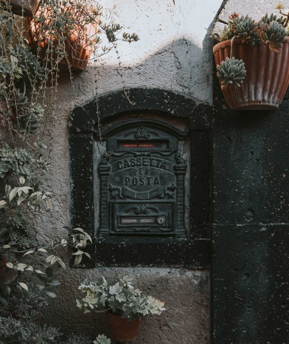 a large entrance to a building decorated in succulents